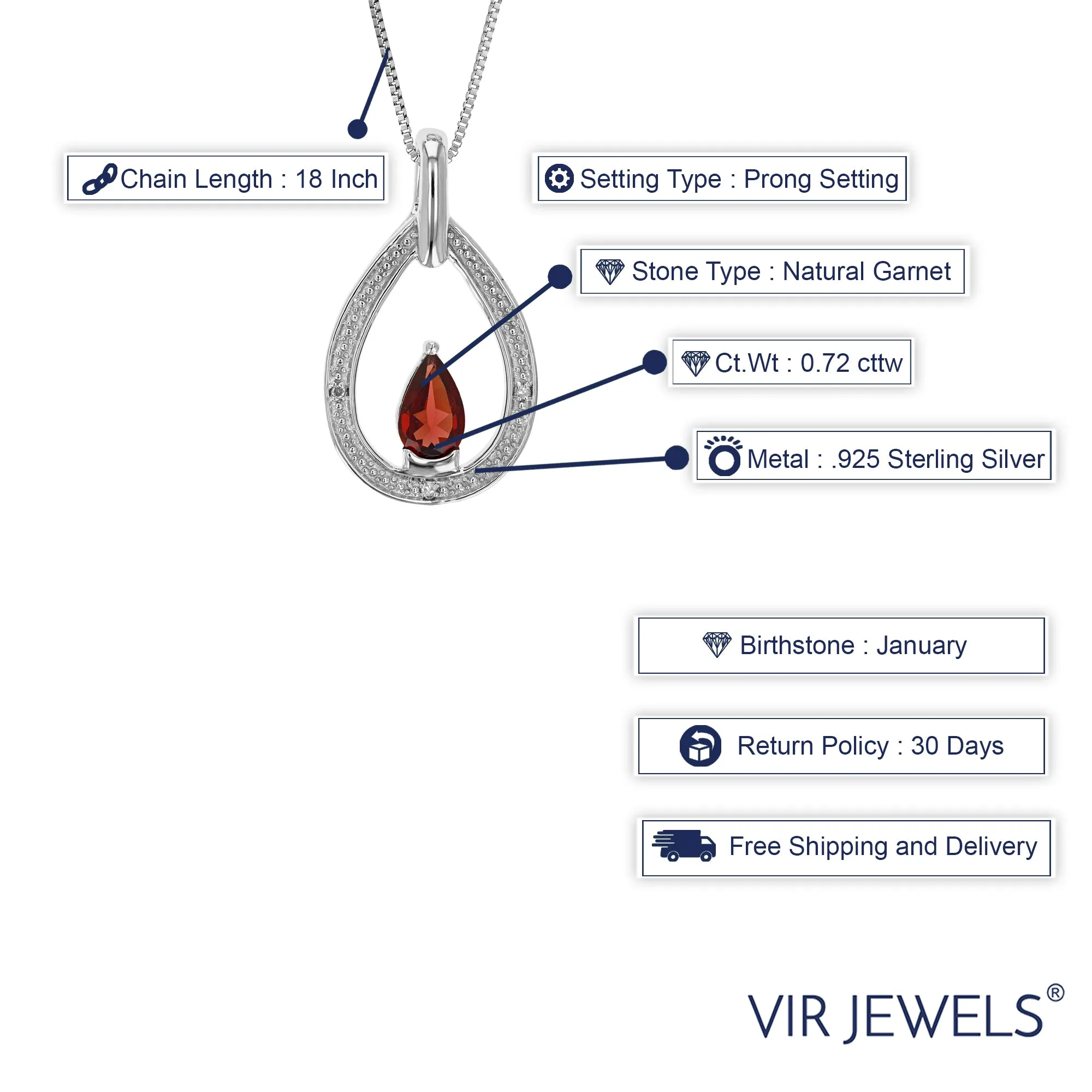 0.72 cttw Garnet And Diamond Pendant Necklace .925 Sterling Silver 8x5 MM Pear