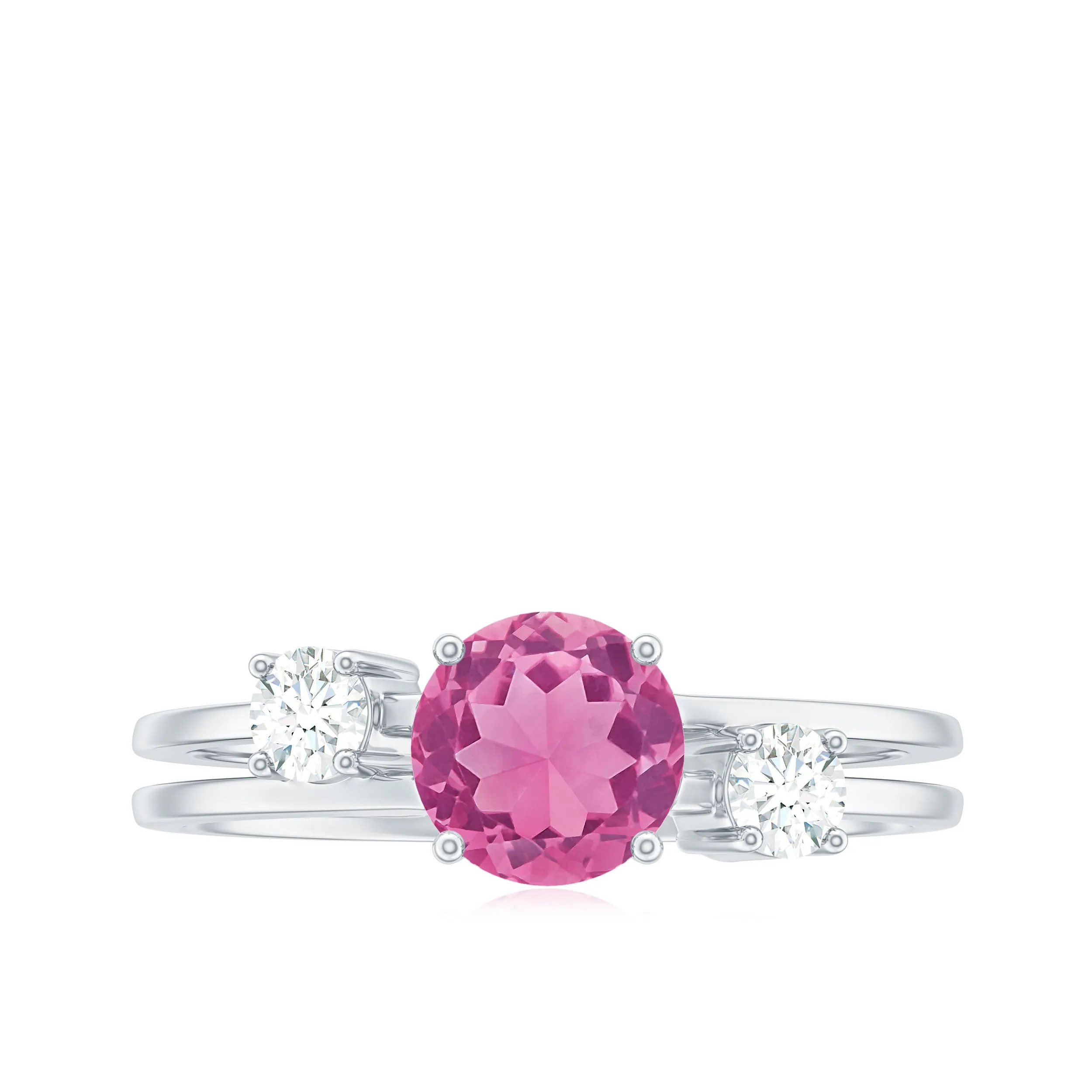 1 CT Genuine Pink Tourmaline Solitaire Double Band Ring with Diamond