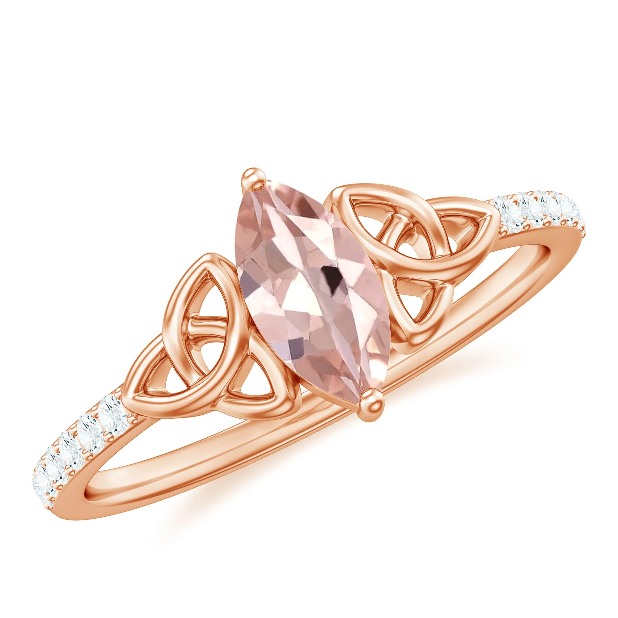 1 CT Marquise Cut Morganite Solitaire Ring with Diamond Side Stones and Celtic Details