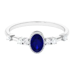 1 CT Oval Cut Blue Sapphire Solitaire Engagement Ring with Diamond