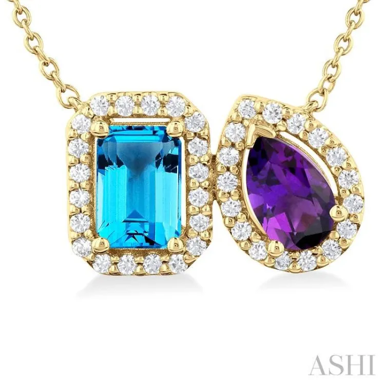 1/4 ctw Toi Et Moi 7X5 MM Emerald Cut Blue Topaz & Pear Cut Amethyst and Round Cut Diamond Necklace in 14K Yellow Gold