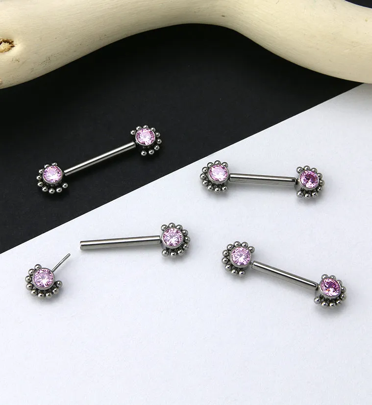 14G Encirc Double Pink CZ Threadless Titanium Nipple Ring Barbell