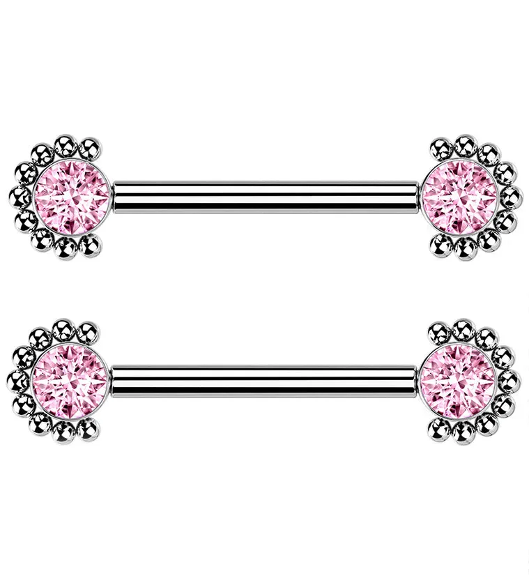 14G Encirc Double Pink CZ Titanium Nipple Ring Barbell