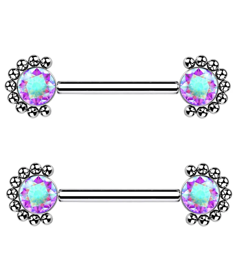 14G Encirc Double Rainbow Aurora CZ Threadless Titanium Nipple Ring Barbell