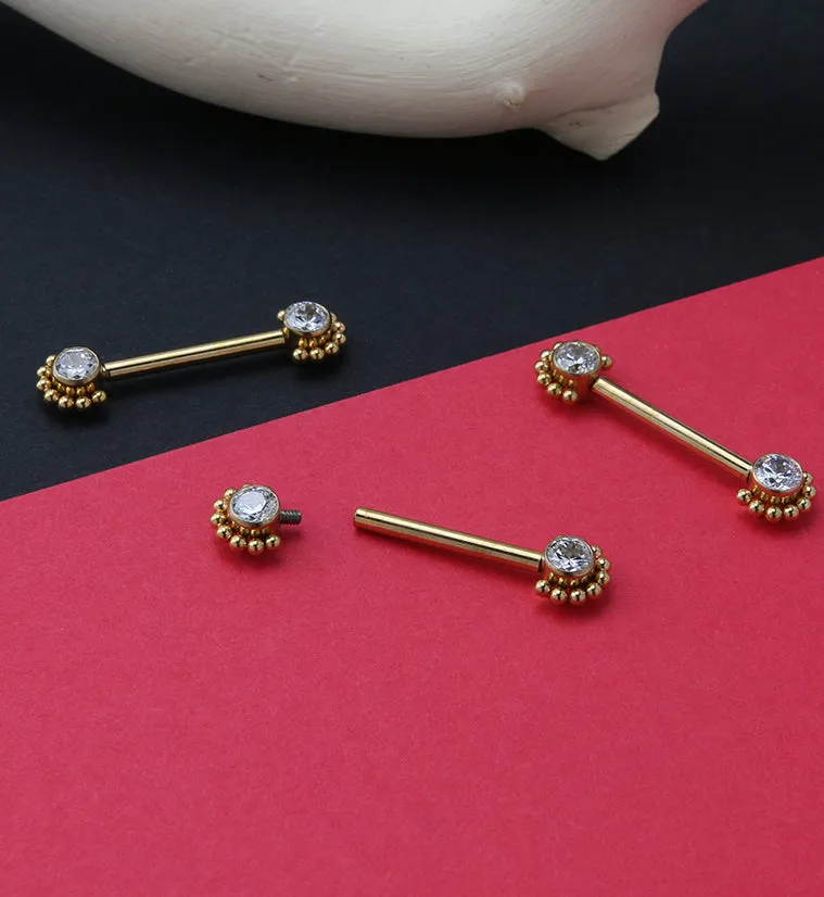 14G Gold PVD Encirc Double CZ Titanium Nipple Ring Barbell