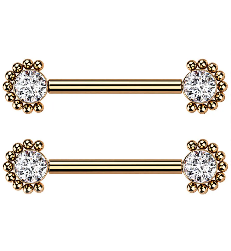 14G Rose Gold PVD Encirc Double CZ Titanium Nipple Ring Barbell