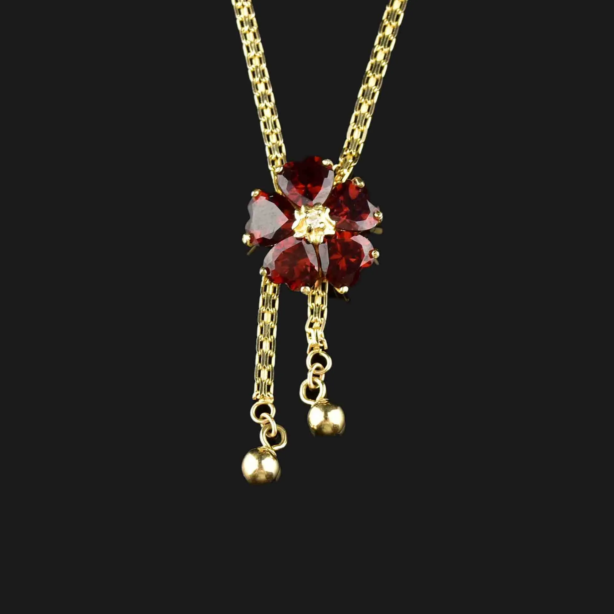 14K Gold Diamond Garnet Flower Necklace