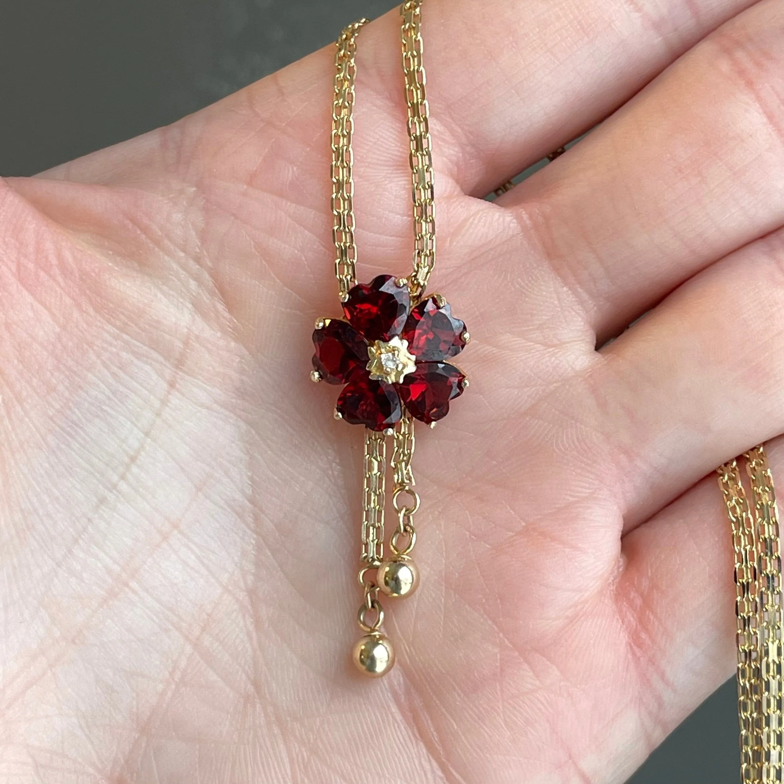 14K Gold Diamond Garnet Flower Necklace