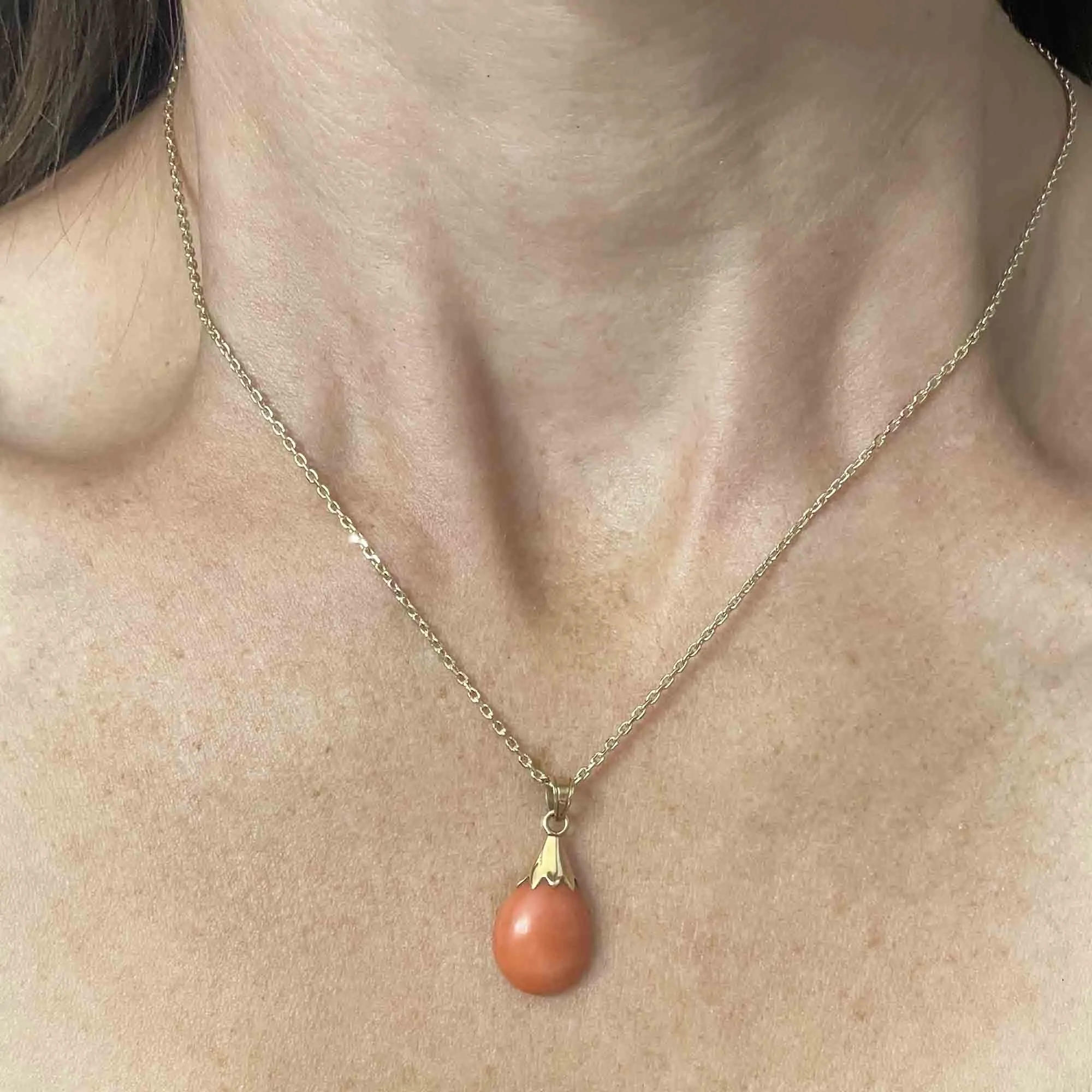 14K Gold Natural Salmon Coral Teardrop Pendant Necklace