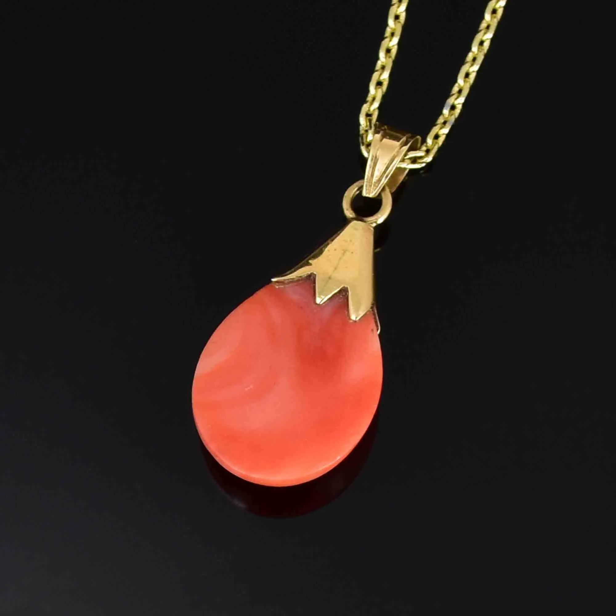 14K Gold Natural Salmon Coral Teardrop Pendant Necklace