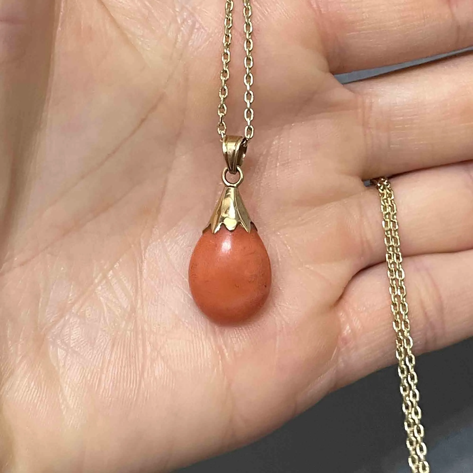 14K Gold Natural Salmon Coral Teardrop Pendant Necklace