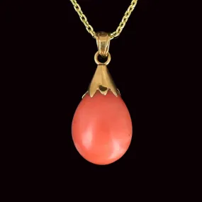 14K Gold Natural Salmon Coral Teardrop Pendant Necklace