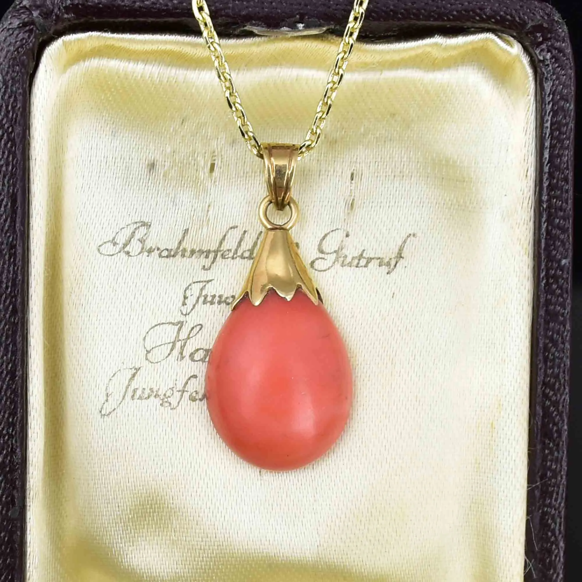 14K Gold Natural Salmon Coral Teardrop Pendant Necklace