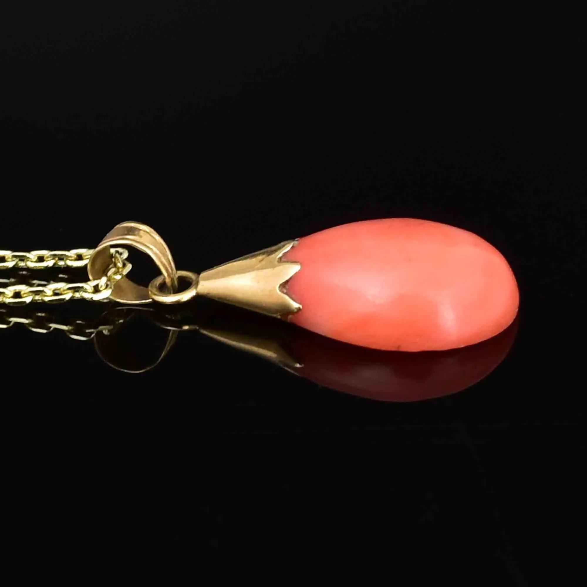 14K Gold Natural Salmon Coral Teardrop Pendant Necklace