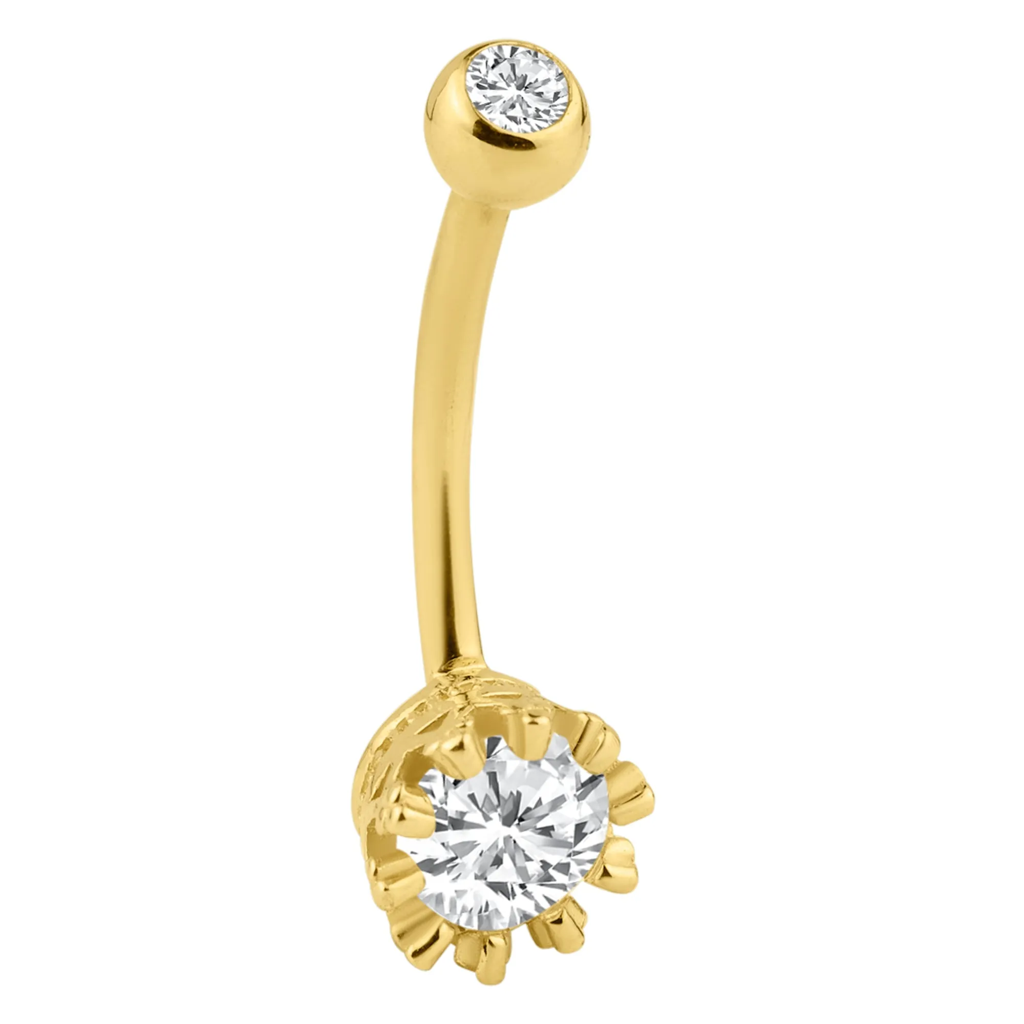 14k Solid Gold Banana Belly Ring with 7mm Round Design