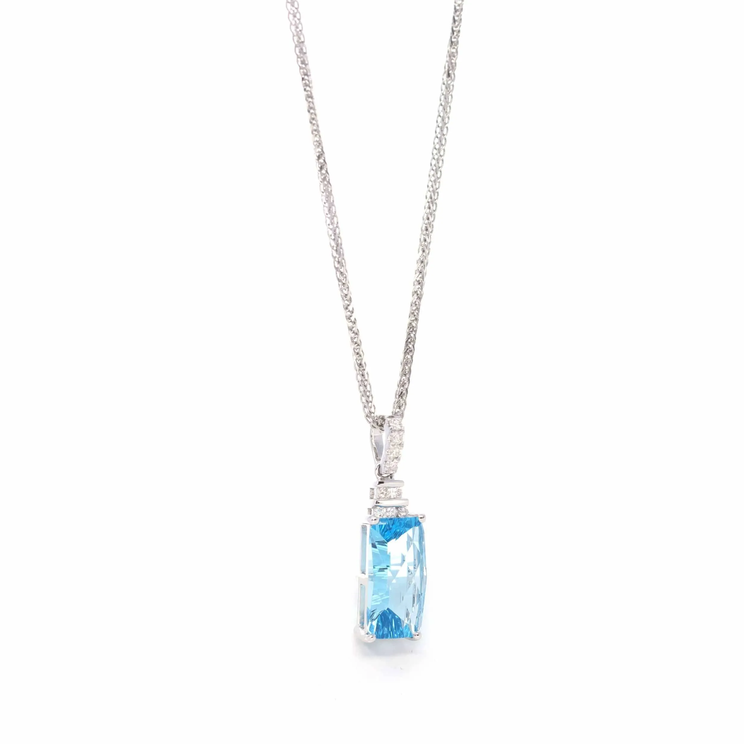 14k White Gold Natural Swiss Blue Topaz Necklace With Diamonds