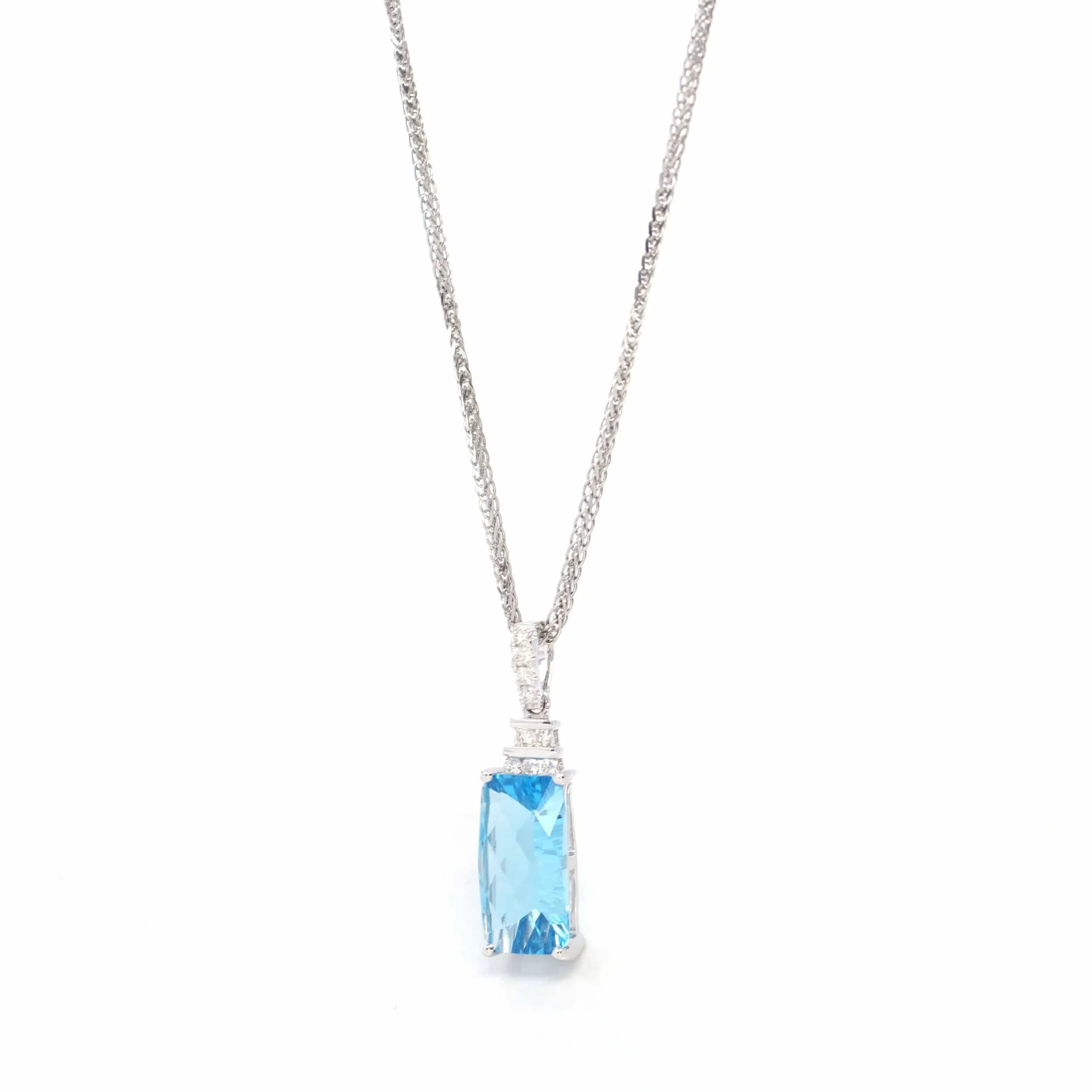 14k White Gold Natural Swiss Blue Topaz Necklace With Diamonds