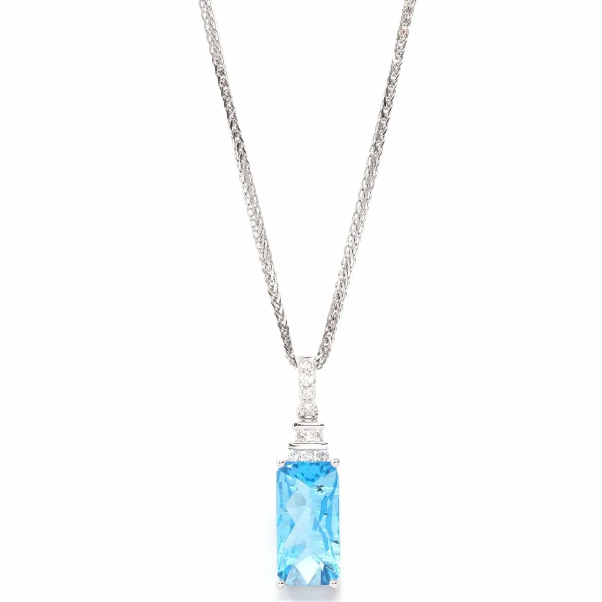 14k White Gold Natural Swiss Blue Topaz Necklace With Diamonds