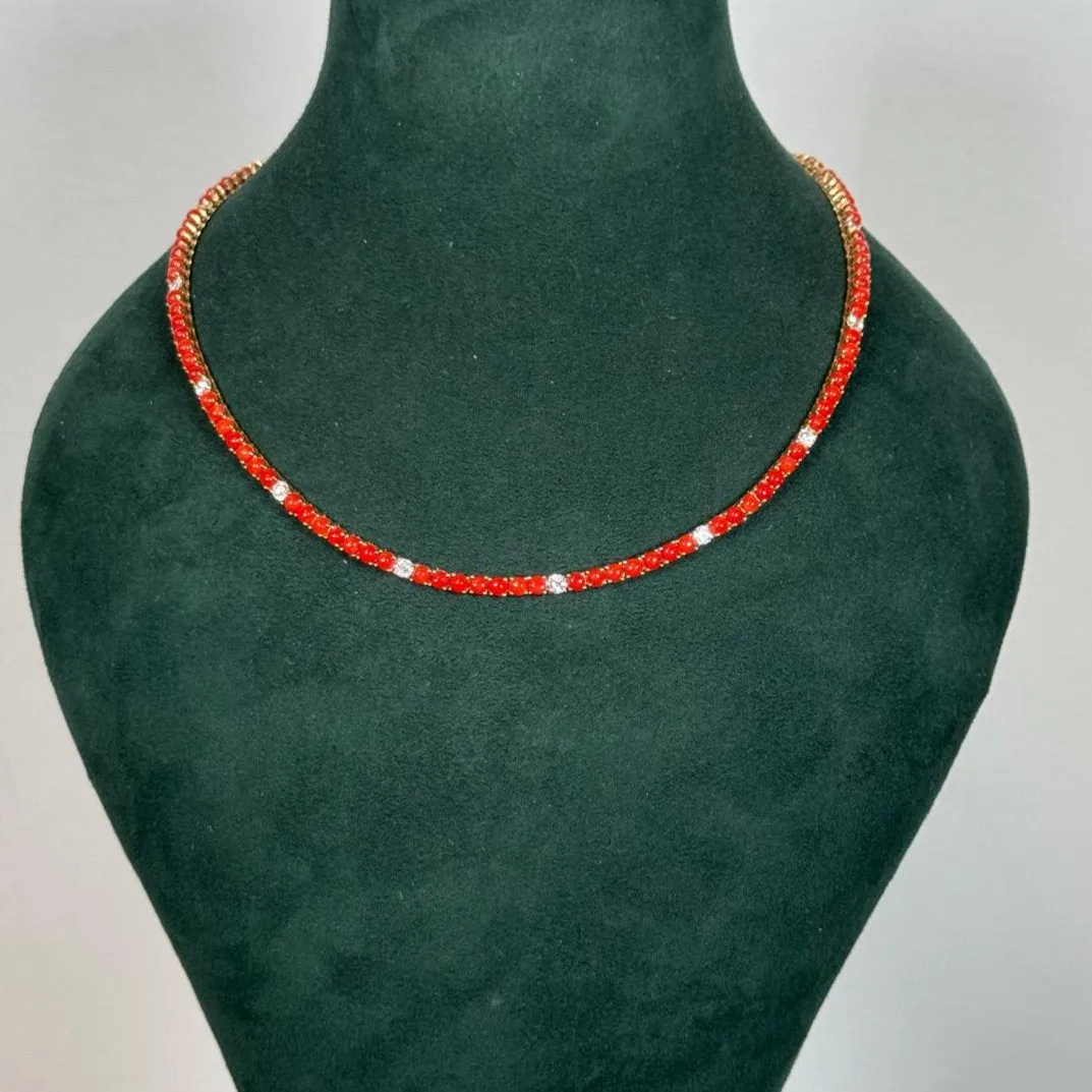 16.04ct Red Coral Diamond 18K Gold Tennis Necklace