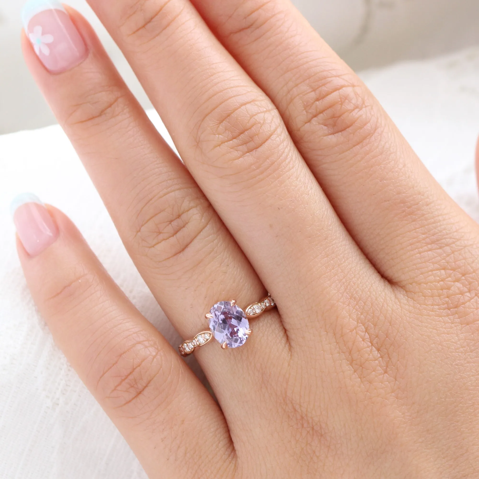 1.75 Ct Oval Lavender Purple Sapphire Ring in 14k Rose Gold Low Profile Ring, Size 6.25