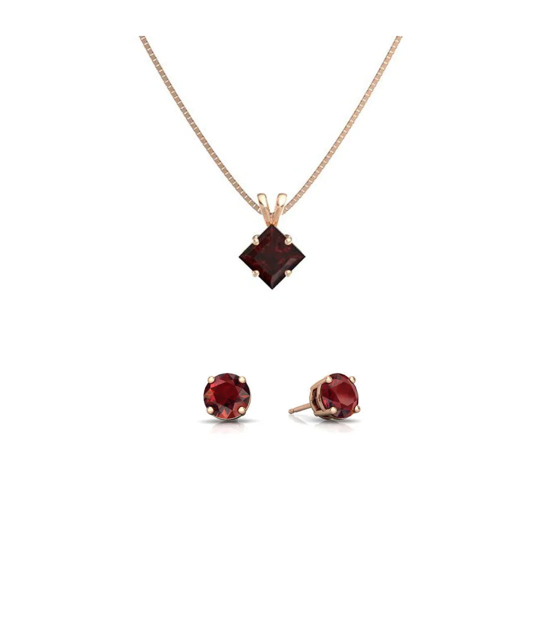 18K Rose Gold 1ct Garnet Princess Cut 18 Inch Necklace and Round Earrings Set Plated