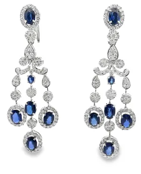 18K White Gold Blue Sapphire and Diamond Chandelier Earrings