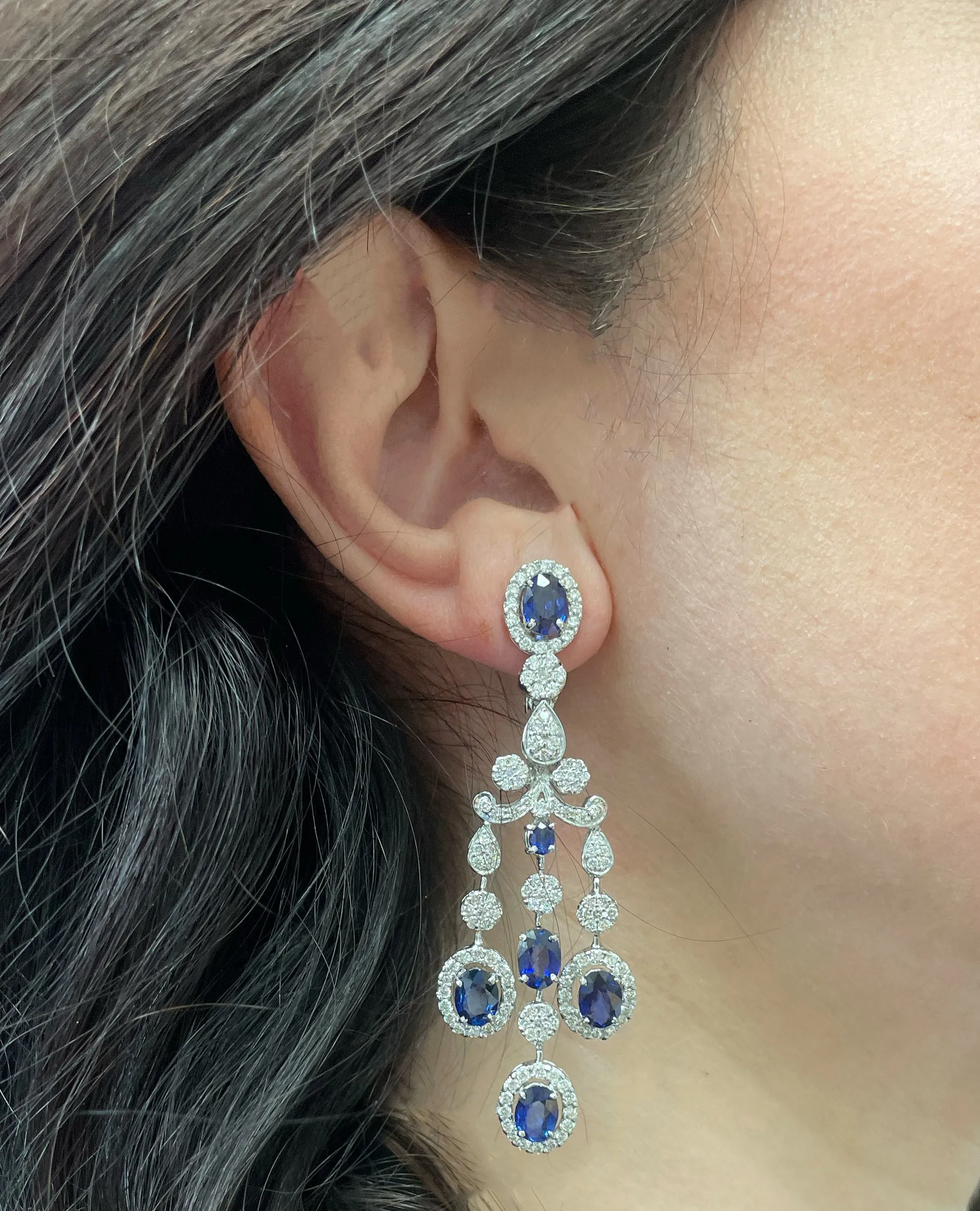 18K White Gold Blue Sapphire and Diamond Chandelier Earrings