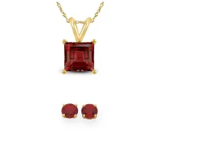 18K Yellow Gold 3ct Garnet Square 18 Inch Necklace and Round Earrings Set Plated