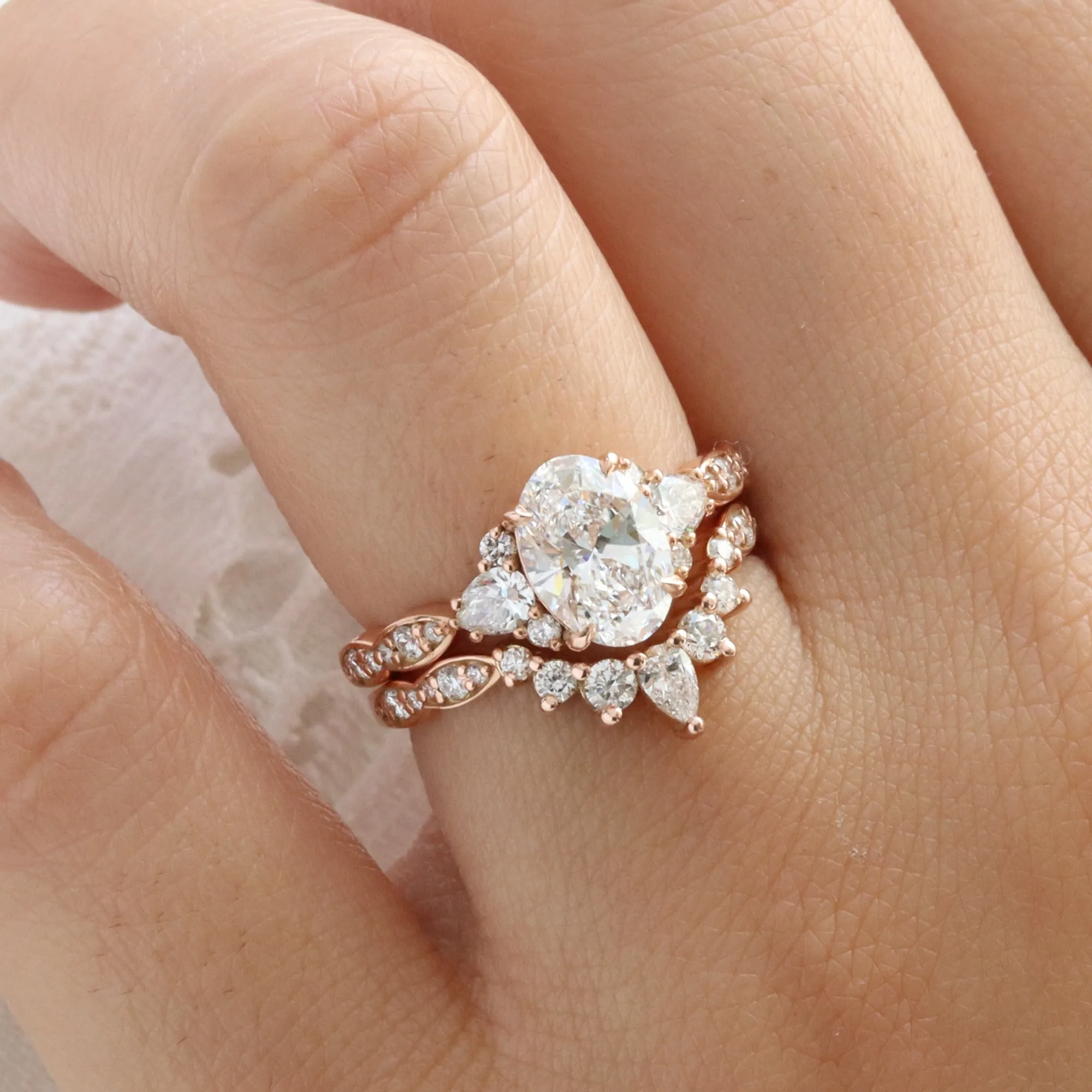 2.32 Ct. Oval Lab Diamond 3 Stone Ring Set w/ Crescent Wedding Band in Dahlia Setting