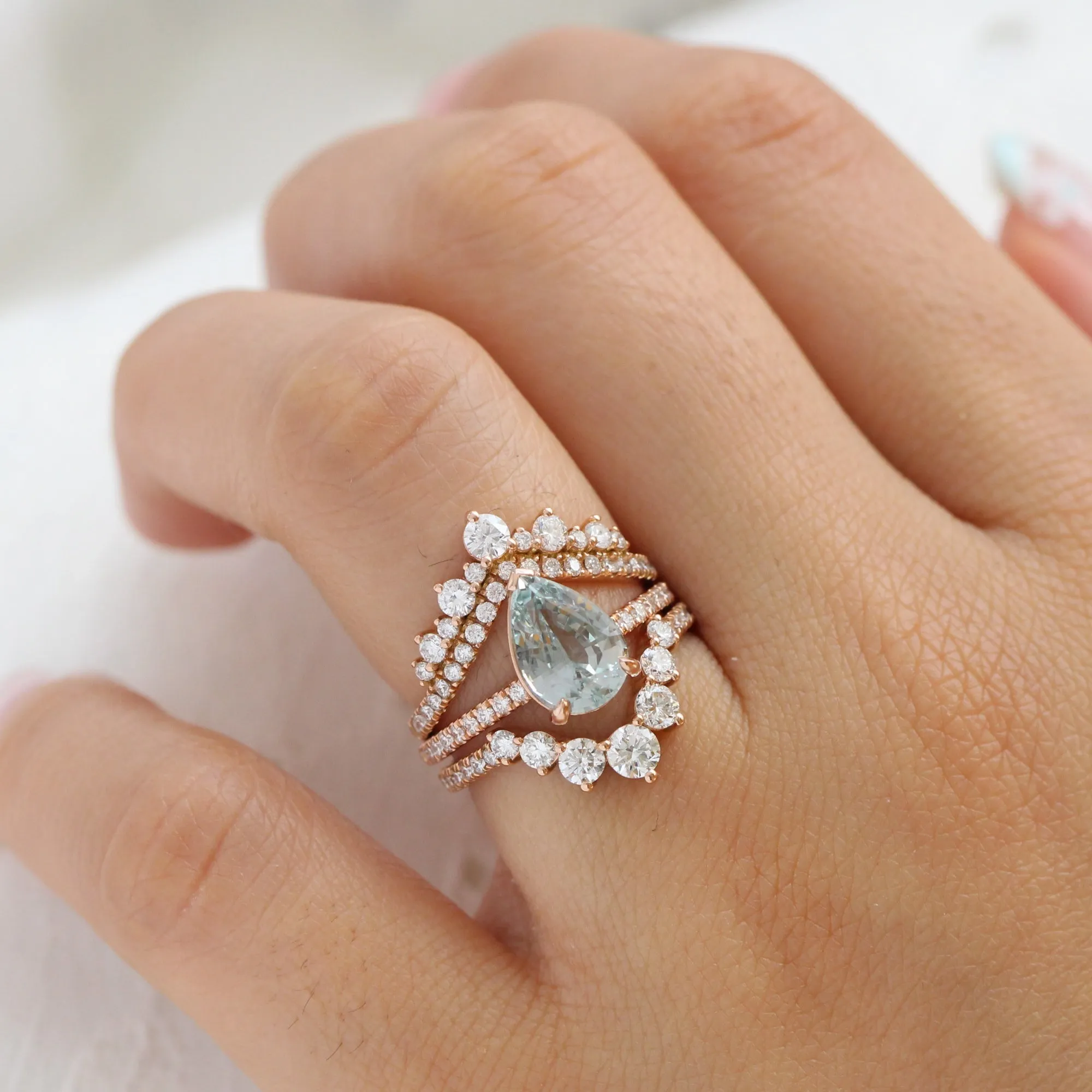 2.86 Ct Pear Seafoam Green Sapphire Ring in 14k Rose Gold Low Profile Ring, Size 6.25