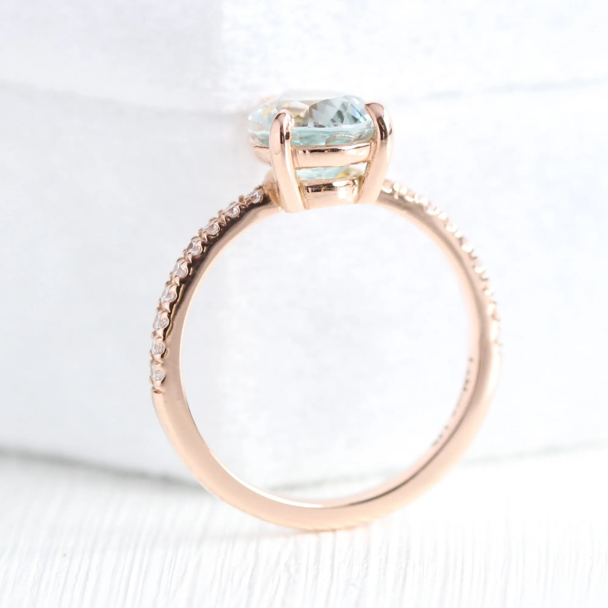 2.86 Ct Pear Seafoam Green Sapphire Ring in 14k Rose Gold Low Profile Ring, Size 6.25