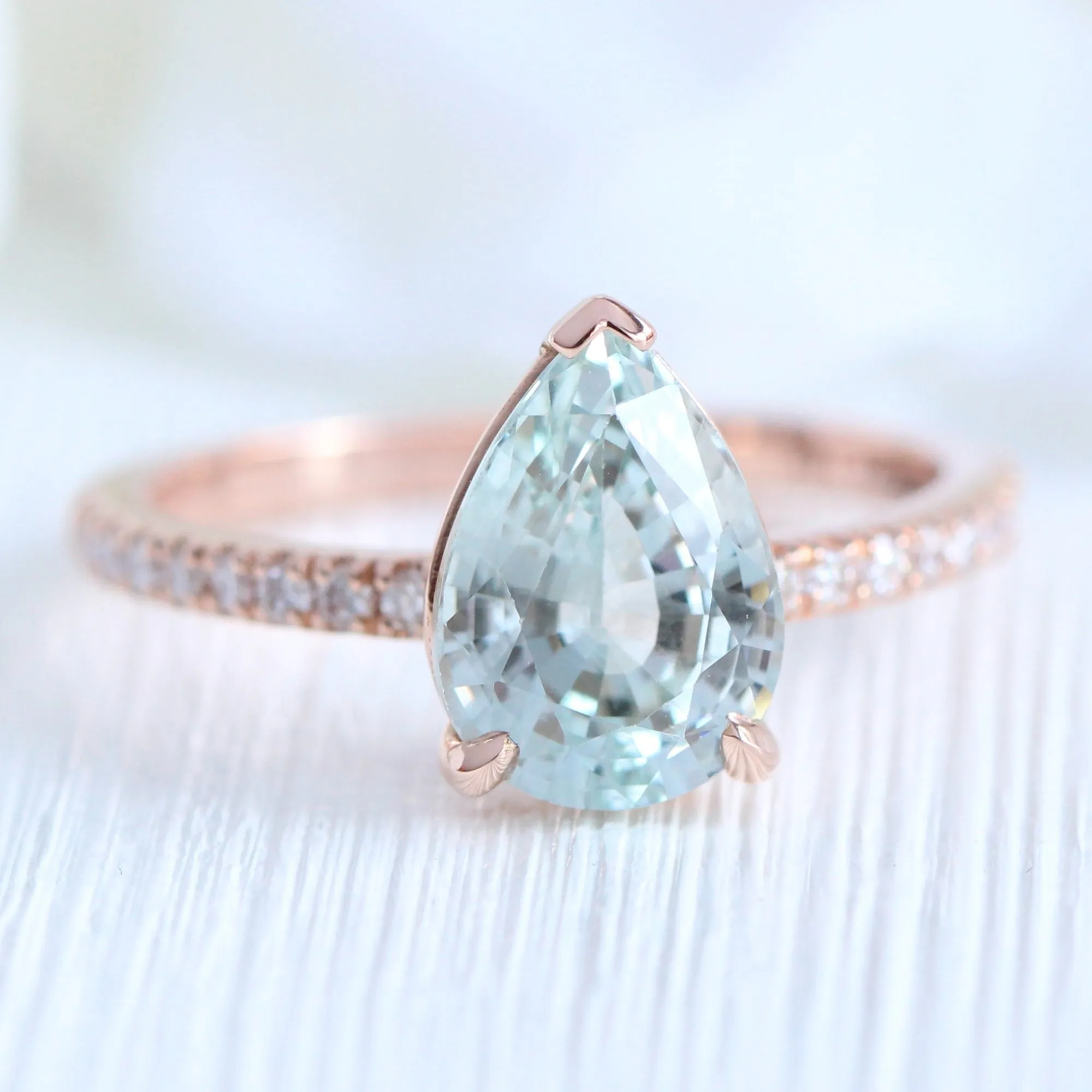 2.86 Ct Pear Seafoam Green Sapphire Ring in 14k Rose Gold Low Profile Ring, Size 6.25