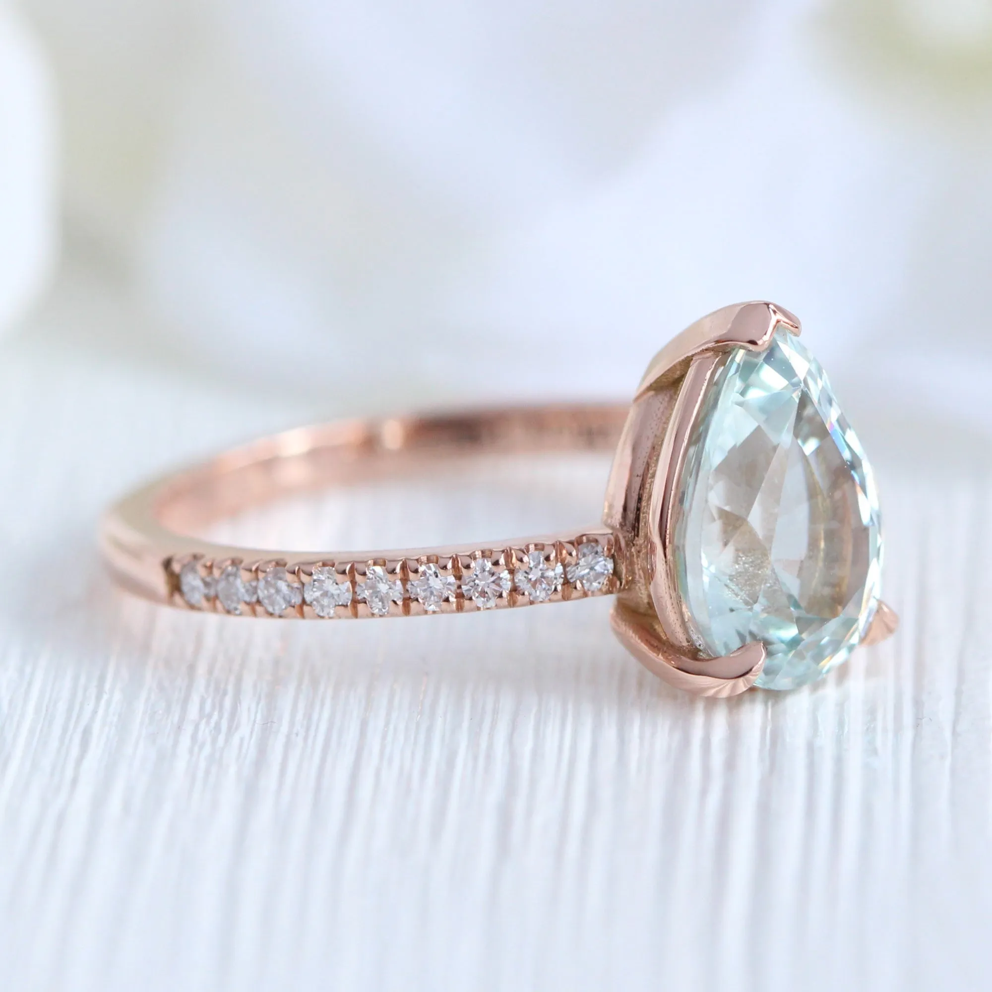 2.86 Ct Pear Seafoam Green Sapphire Ring in 14k Rose Gold Low Profile Ring, Size 6.25