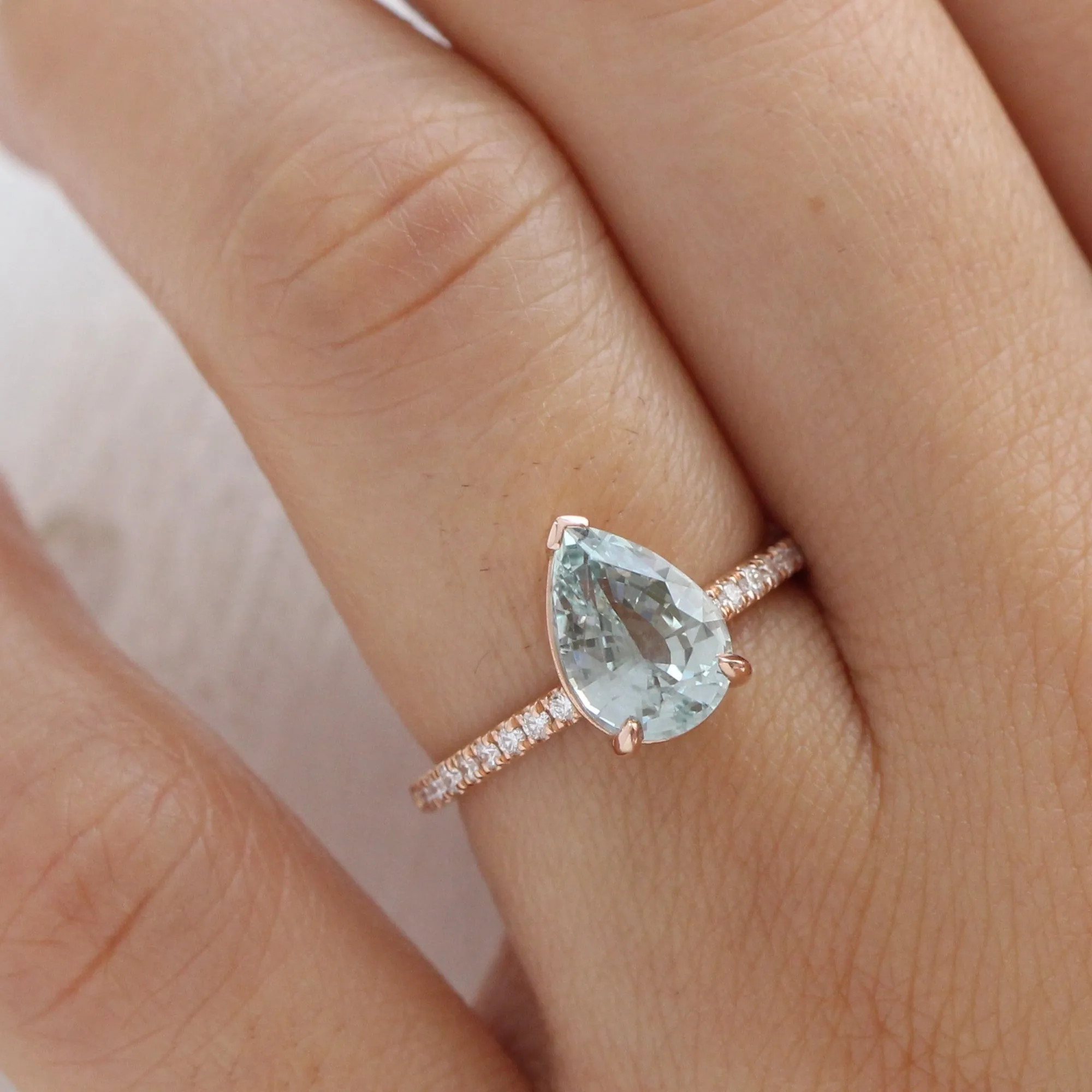 2.86 Ct Pear Seafoam Green Sapphire Ring in 14k Rose Gold Low Profile Ring, Size 6.25