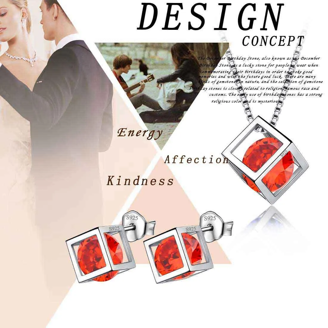 3D Cube Birthstone January Garnet Jewelry Set 3PCS Women Girls Birthday Gift