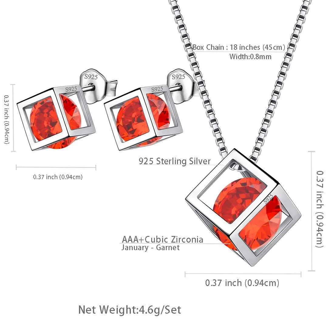 3D Cube Birthstone January Garnet Jewelry Set 3PCS Women Girls Birthday Gift