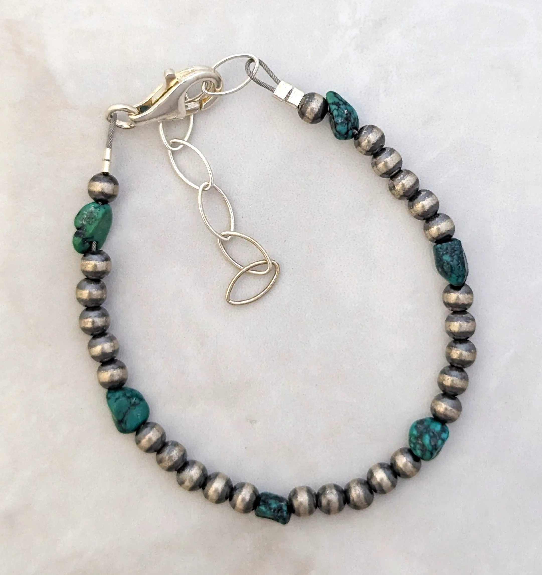 4mm Navajo Pearls & Turquoise Nugget Bracelet Sterling Silver