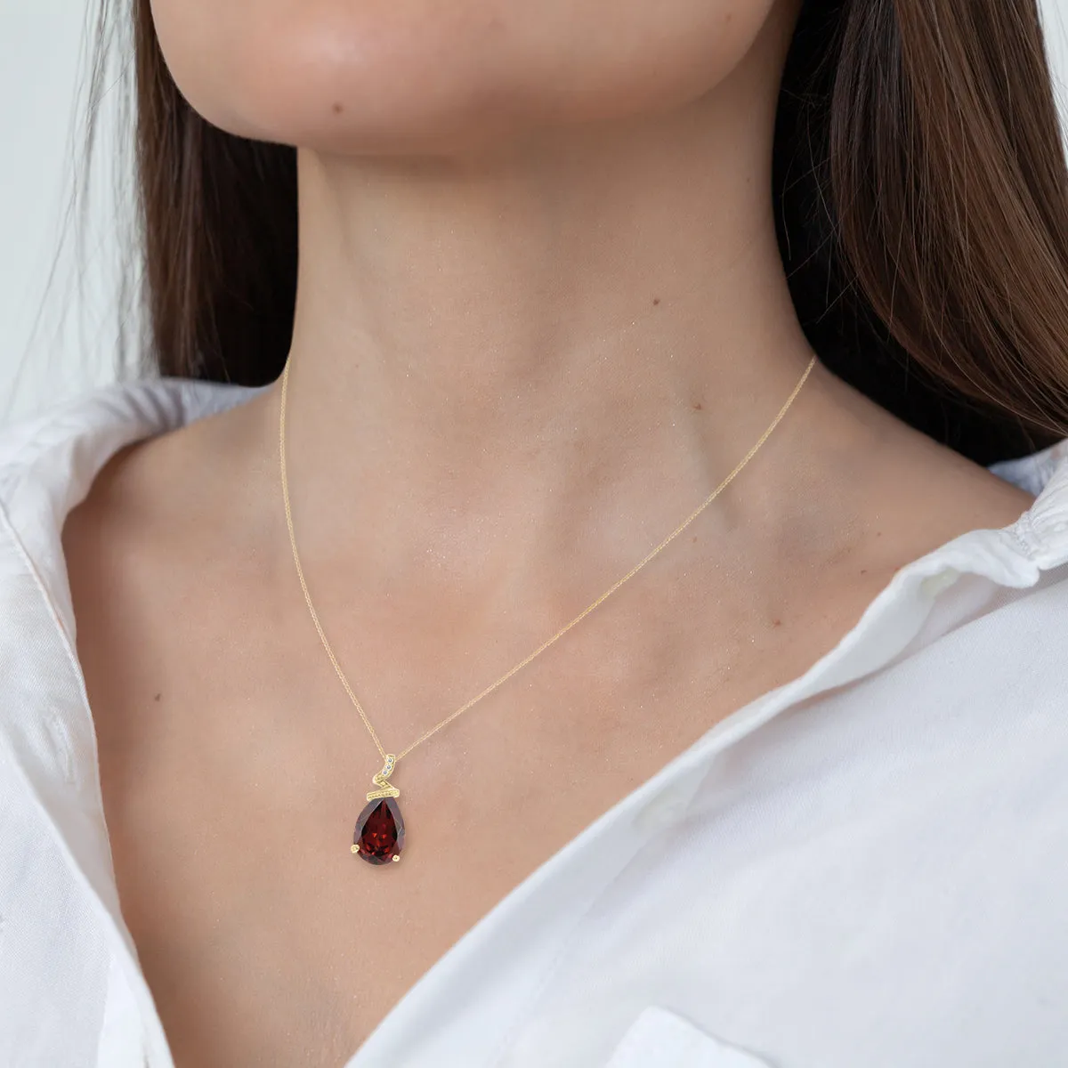 5 Carat Pear Shaped Garnet & Diamond Pendant In 10K Yellow Gold