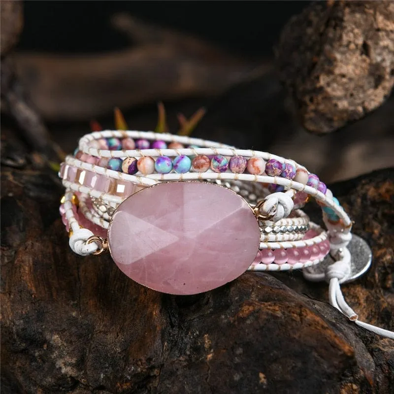 5 Layers Pink Natural Stones Rose Quartz Leather Cuff Wrap Boho Bracelets