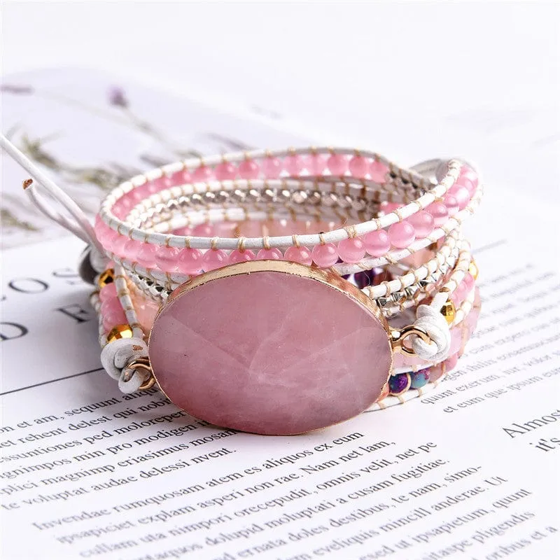 5 Layers Pink Natural Stones Rose Quartz Leather Cuff Wrap Boho Bracelets