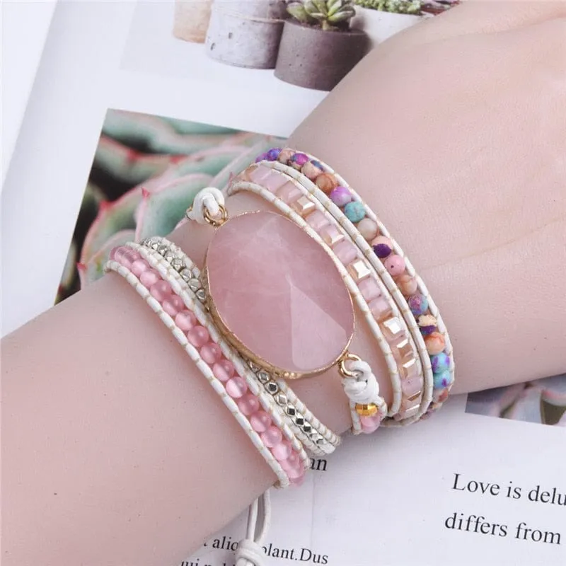 5 Layers Pink Natural Stones Rose Quartz Leather Cuff Wrap Boho Bracelets