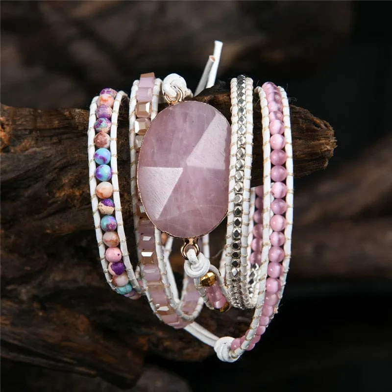 5 Layers Pink Natural Stones Rose Quartz Leather Cuff Wrap Boho Bracelets