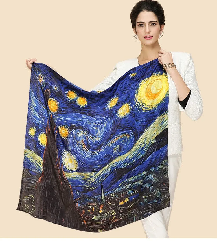 90*90CM 100% Real Silk Square Scarf  Van Gogh Classic Oil Paiting Scarf Starry Night and More