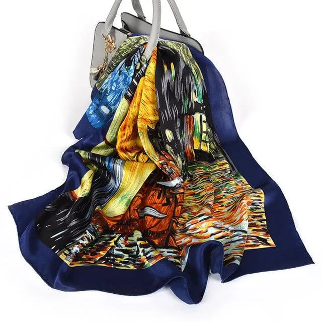 90*90CM 100% Real Silk Square Scarf  Van Gogh Classic Oil Paiting Scarf Starry Night and More