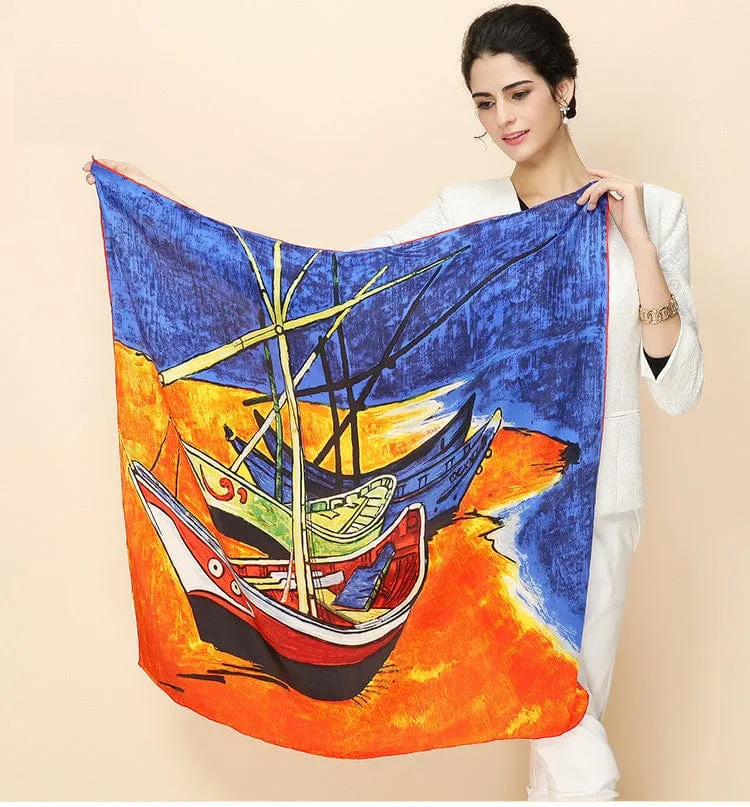 90*90CM 100% Real Silk Square Scarf  Van Gogh Classic Oil Paiting Scarf Starry Night and More