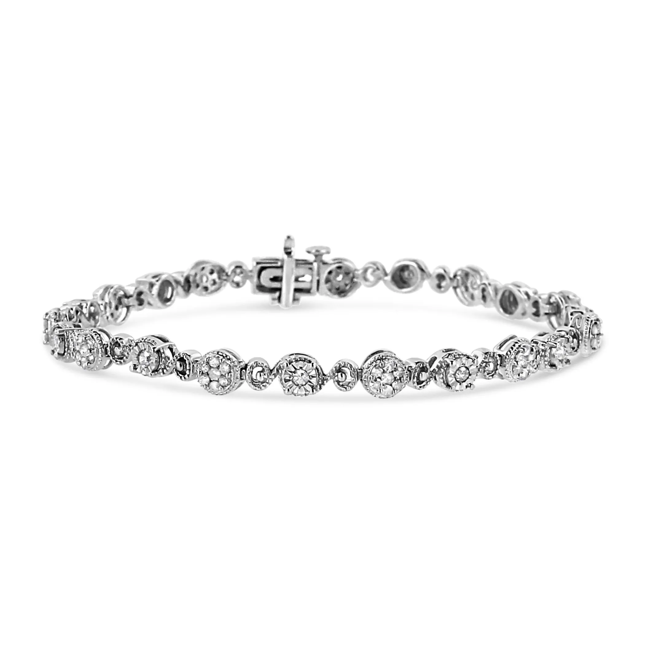 .925 Sterling Silver 1.0 Cttw Diamond Swirl Beaded Link Bracelet (I-J Color, I3-Promo Clarity) - 7.25" Inches