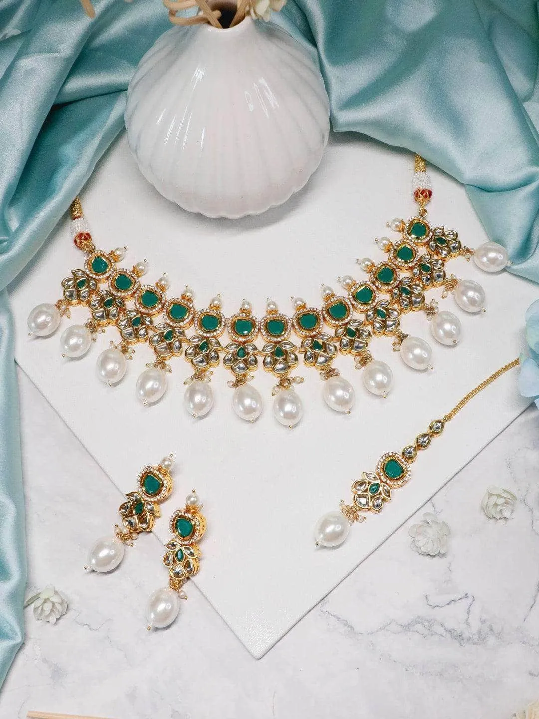 Ad Kundan Drop Pearls Necklace Set