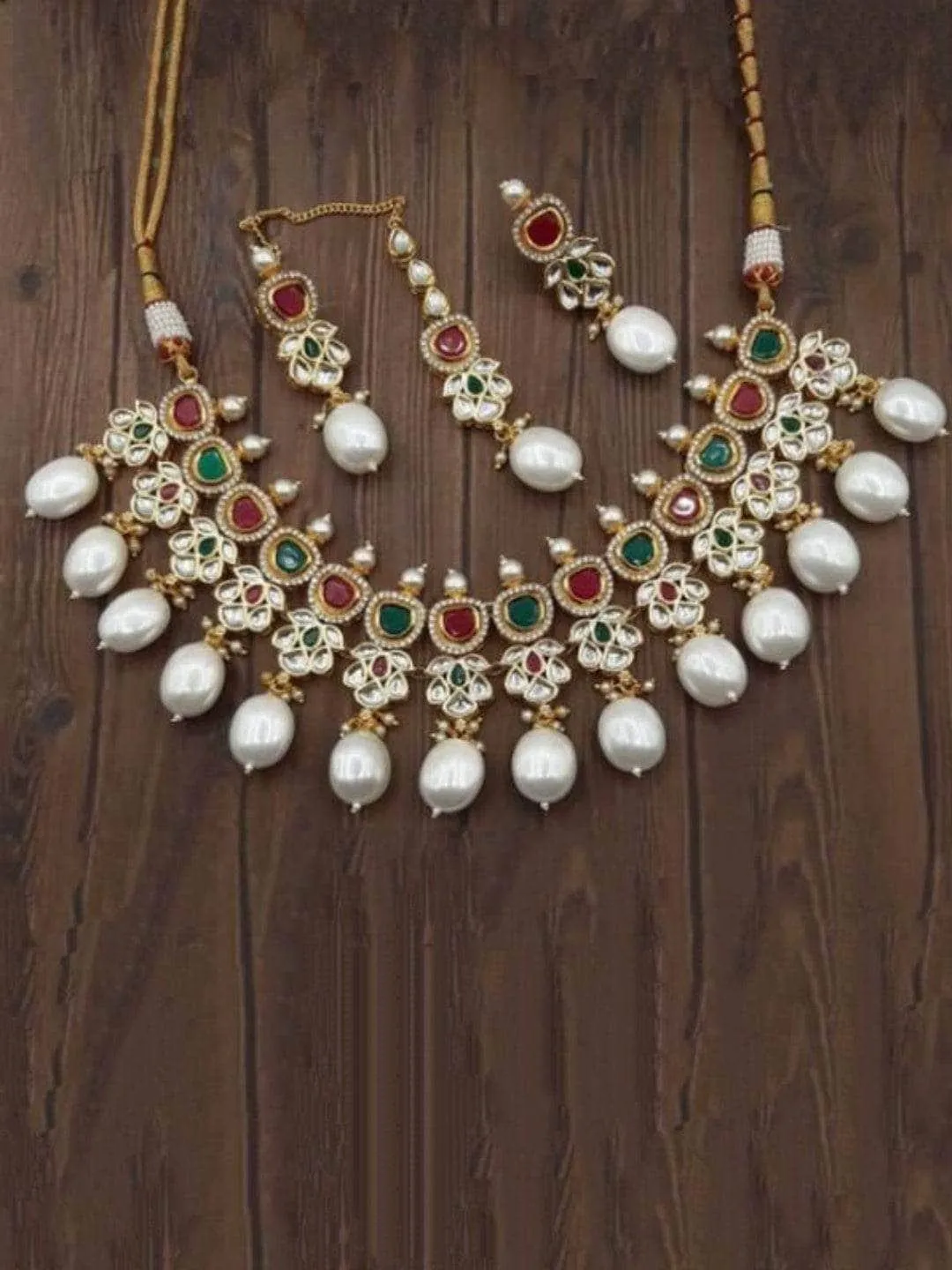 Ad Kundan Drop Pearls Necklace Set