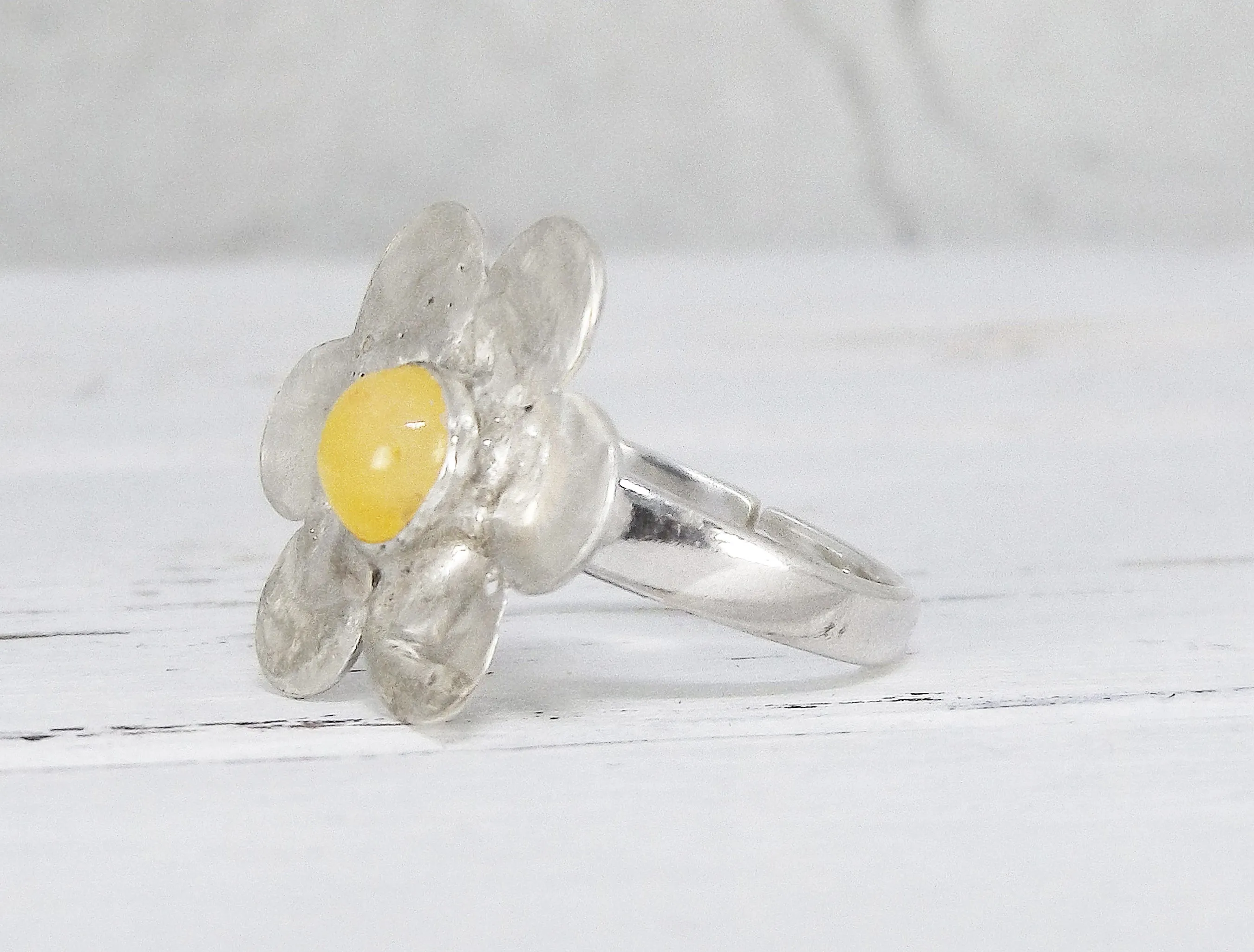 Adjustable Sterling Silver and Yellow Agate Flower Ring