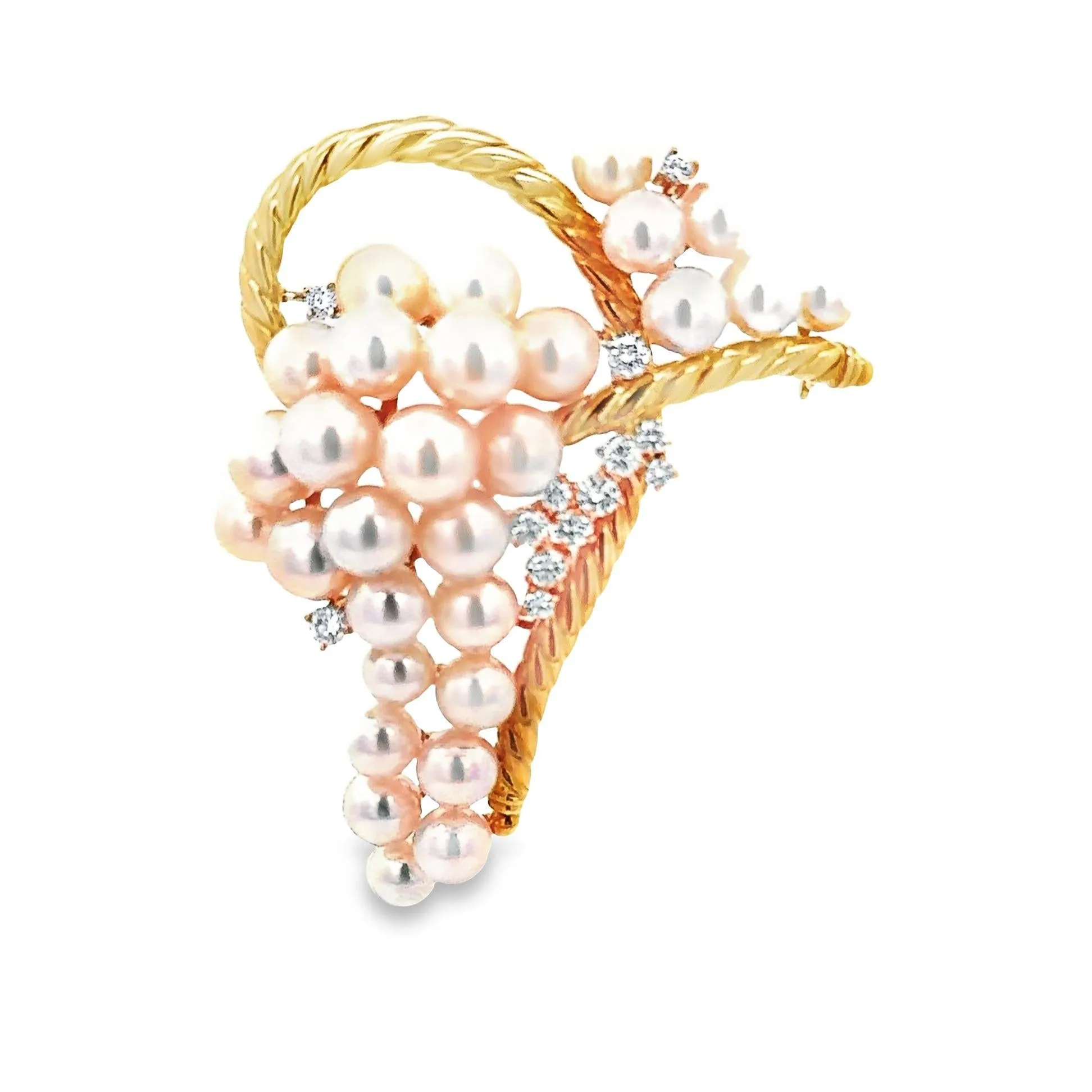 Akoya Pearl Diamond Yellow Gold Ribbon Brooch